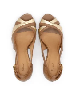 Brązowo-złote czółenka peep-toe