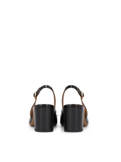 Czarne lakierowane czółenka slingback na słupku z kokardką