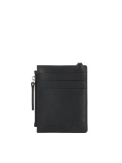 Czarne skórzane etui na karty z odpinanym paskiem i kieszenią na suwak