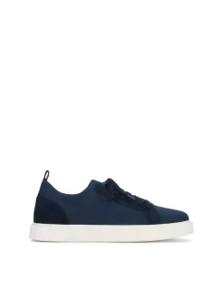 Granatowe męskie sneakersy z tkaniny i zamszu na kontrastowej podeszwie